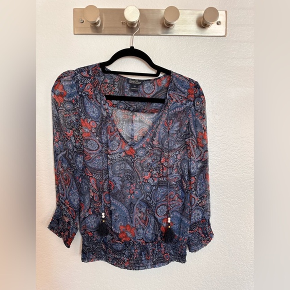 Lucky Brand Blue & Red Paisley Print Split Neck Semi-sheer Blouse